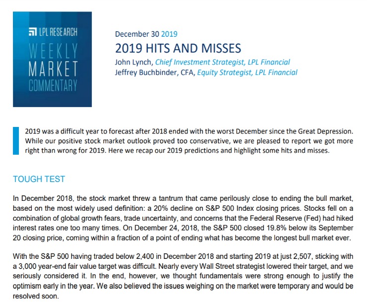 2019 Hits and Misses | Weekly Market Commentary | December 30, 2019