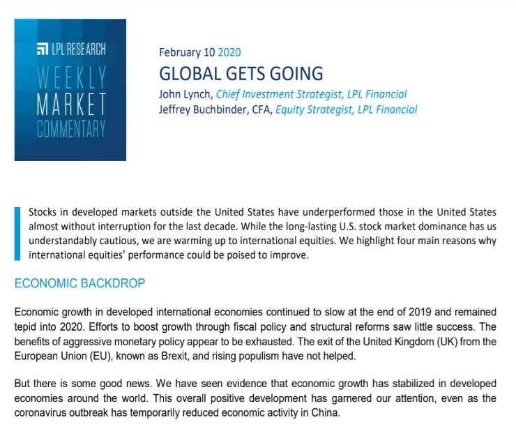 Global Gets Going | Weekly Market Commentary | February 10, 2020