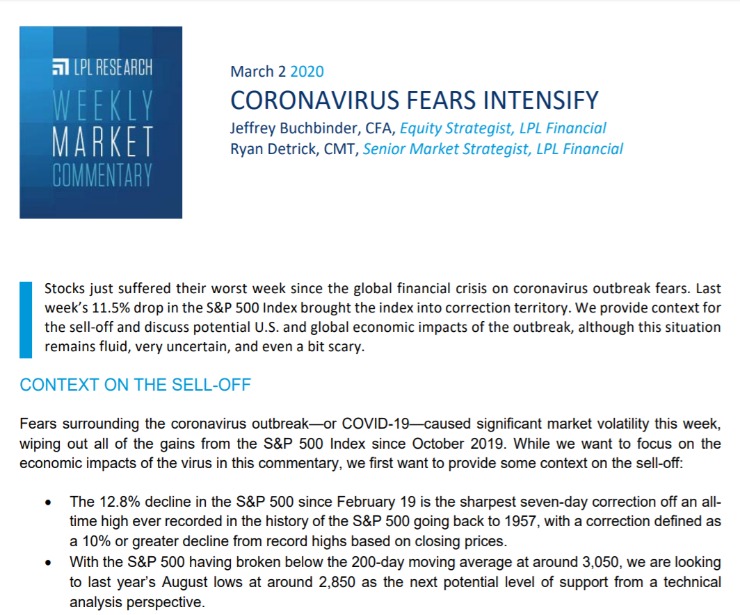 Coronavirus Fears Intensify | Weekly Market Commentary | March 2, 2020