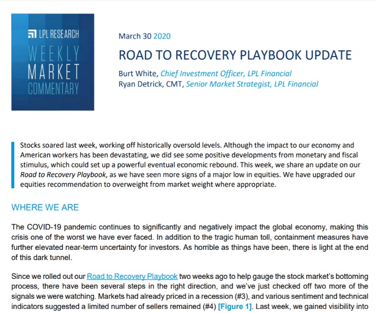 Road To Recovery Playbook Update | Weekly Market Commentary | March 30, 2020