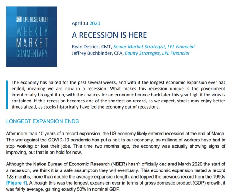 A Recession is Here | Weekly Market Commentary | April 13, 2020