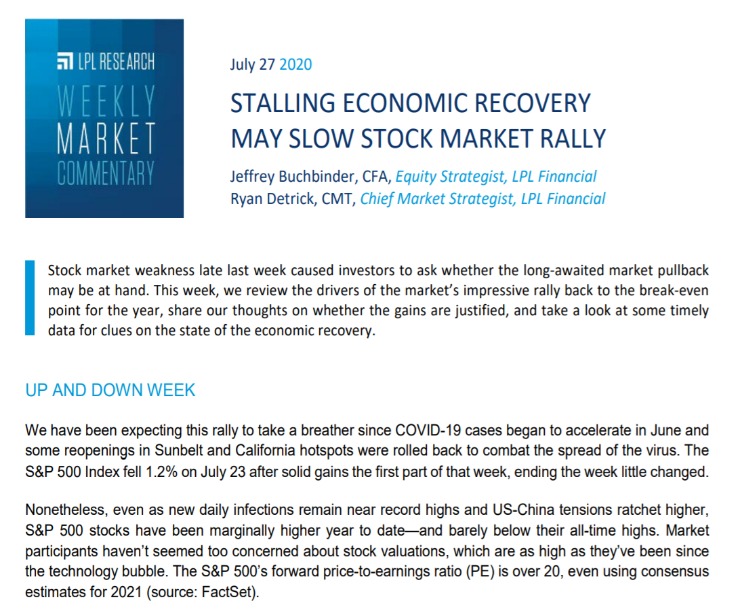 Stalling Economic Recovery May Slow Stock Market Rally | Weekly Market Commentary | July 27, 2020