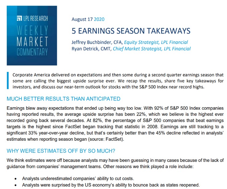 5 Earnings Season Takeaways| Weekly Market Commentary | August 17, 2020