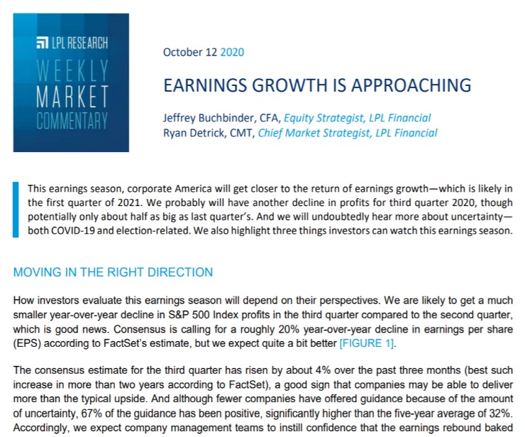 Earnings Growth is Approaching|Weekly Market Commentary|October 12, 2020