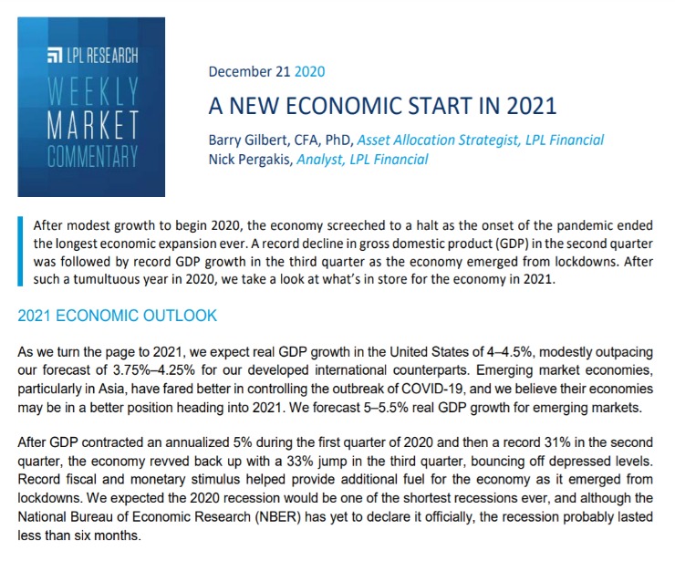 A New Economic Start in 2021 | Weekly Market Commentary | December 21, 2020